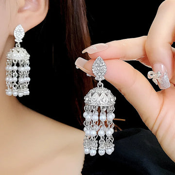 DAIIIBABYYY  -  Silver Needle Inlaid Rhinestones Pearl Tassel Ethnic Style High-end Retro New Chinese Style Personalized Earrings for Women